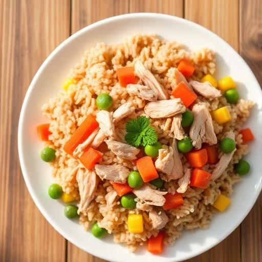 Arroz integral con pollo desmenuzado y vegetales
